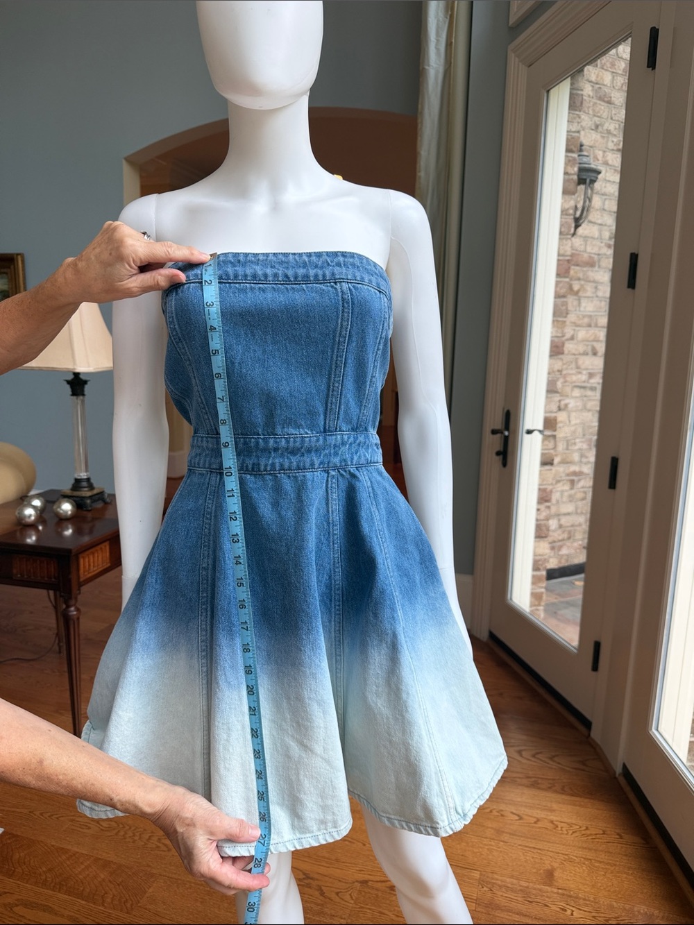 Amanda Uprichard Strapless Ombre Denim Dress in Blue and White - Picture 9 of 12